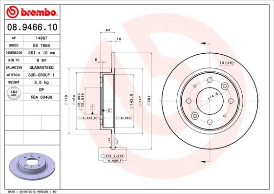 Brembo 08.9466.10 - Тормозной диск unicars.by