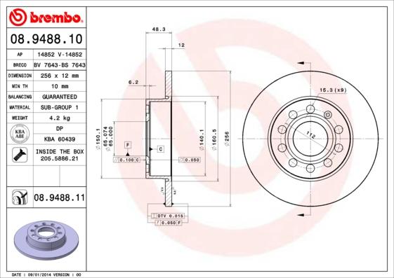 Brembo 08.9488.10 - Тормозной диск unicars.by