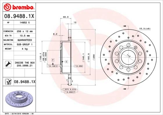 Brembo 08.9488.1X - Тормозной диск unicars.by