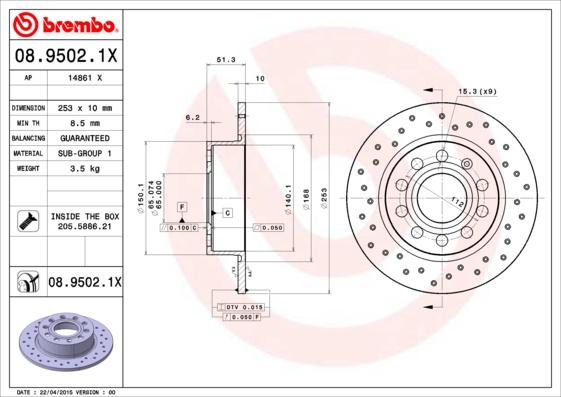 Brembo 08.9502.1X - Тормозной диск unicars.by