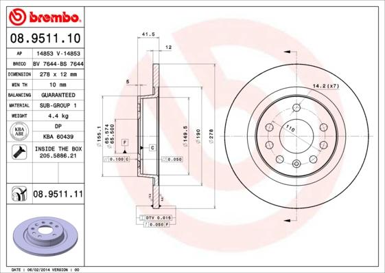 Brembo 08.9511.10 - Тормозной диск unicars.by