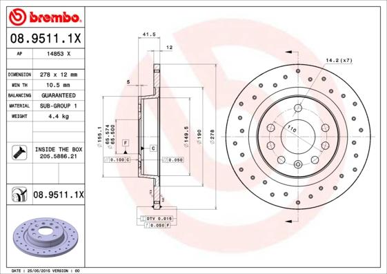 Brembo 08.9511.1X - Тормозной диск unicars.by