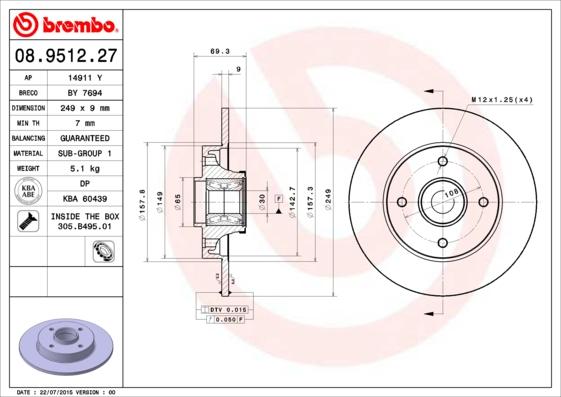 Brembo 08.9512.27 - Тормозной диск unicars.by