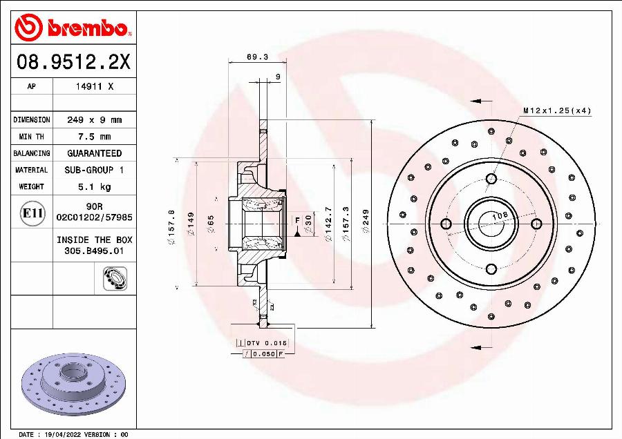 Brembo 08.9512.2X - Тормозной диск unicars.by