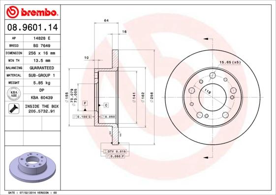 Brembo 08.9601.14 - Тормозной диск unicars.by