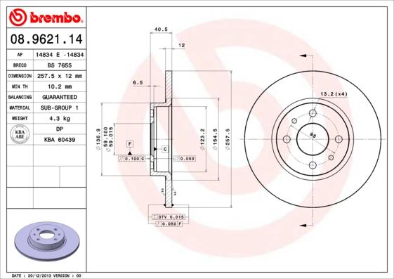 Brembo 08.9621.14 - Тормозной диск unicars.by