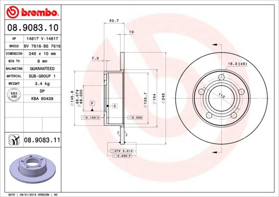 Brembo 08.9083.10 - Тормозной диск unicars.by