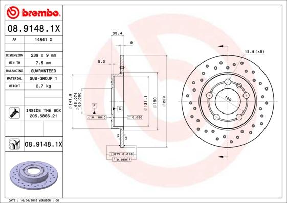 Brembo 08.9148.1X - Тормозной диск unicars.by