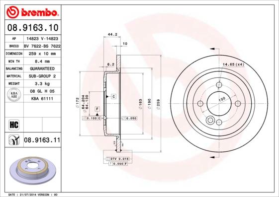 Brembo 08.9163.11 - Тормозной диск unicars.by