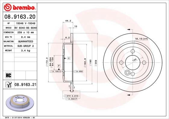 Brembo 08.9163.21 - Тормозной диск unicars.by