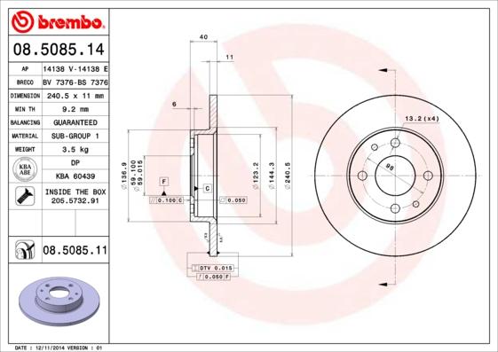 Brembo 08.5085.11 - Тормозной диск unicars.by