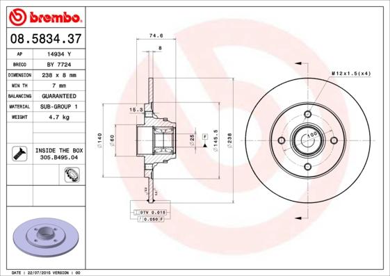 Brembo 08.5834.37 - Тормозной диск unicars.by