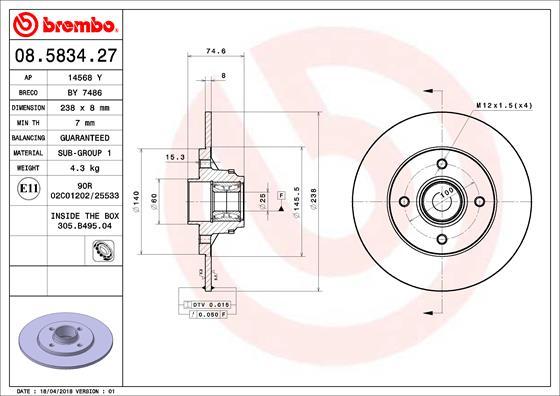 Brembo 08.5834.27 - Тормозной диск unicars.by