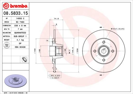 Brembo 08.5833.15 - Тормозной диск unicars.by