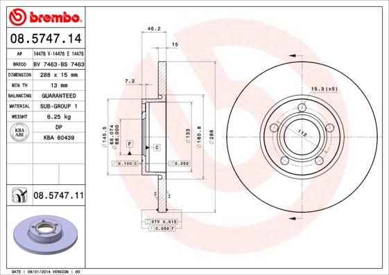 Brembo 08.5747.14 - Тормозной диск unicars.by