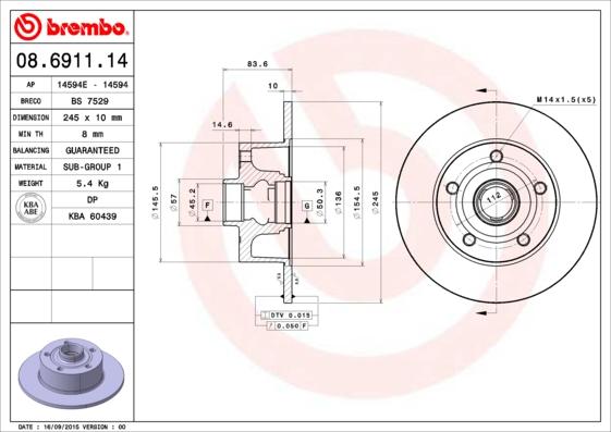 Brembo 08.6911.14 - Тормозной диск unicars.by