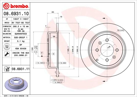 Brembo 08.6931.11 - Тормозной диск unicars.by