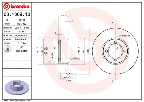 Brembo 08.1309.10 - Тормозной диск unicars.by