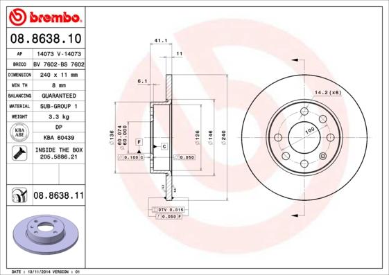 Brembo 08.8638.10 - Тормозной диск unicars.by