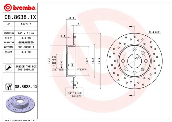 Brembo 08.8638.1X - Тормозной диск unicars.by