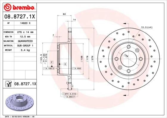 Brembo 08.8727.1X - Тормозной диск unicars.by