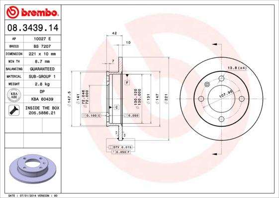 Brembo 08.3439.14 - Тормозной диск unicars.by