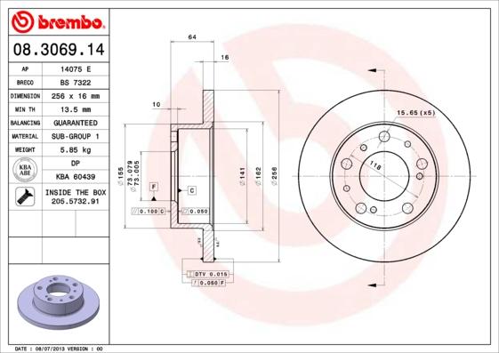 Brembo 08.3069.14 - Тормозной диск unicars.by