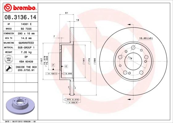 Brembo 08.3136.14 - Тормозной диск unicars.by