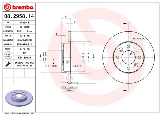 Brembo 08.2958.14 - Тормозной диск unicars.by