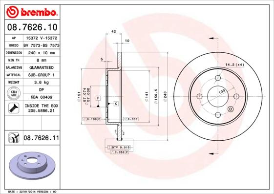 Brembo 08.7626.10 - Тормозной диск unicars.by