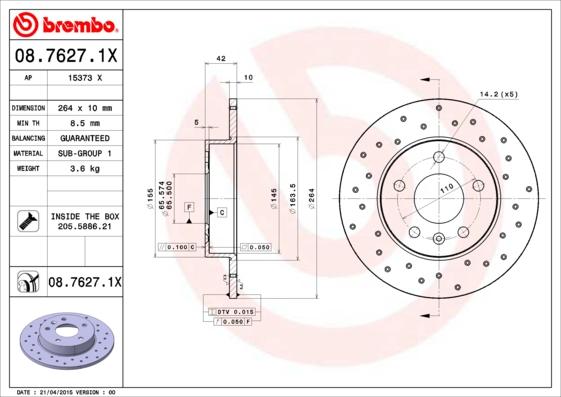 Brembo 08.7627.1X - Тормозной диск unicars.by