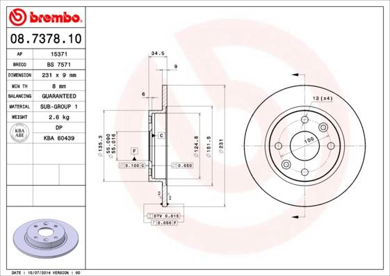 Brembo 08.7378.10 - Тормозной диск unicars.by