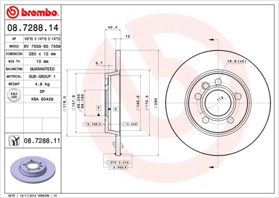 Brembo 08.7288.14 - Тормозной диск unicars.by