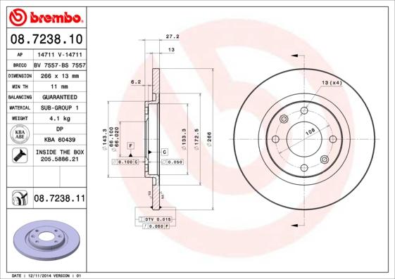 Brembo 08.7238.10 - Тормозной диск unicars.by