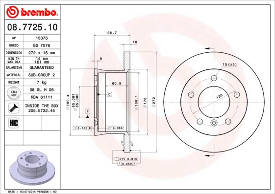 Brembo 08.7725.10 - Тормозной диск unicars.by