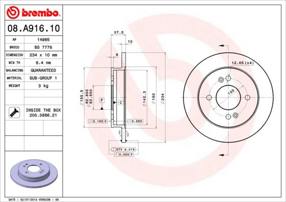 Brembo 08.A916.10 - Тормозной диск unicars.by