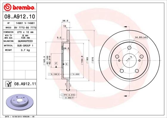 Brembo 08.A912.10 - Тормозной диск unicars.by