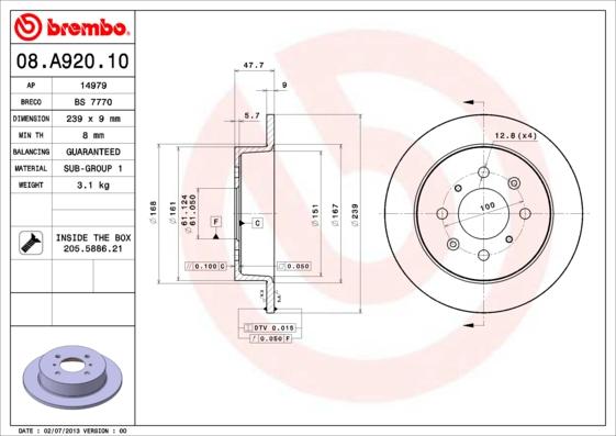 Brembo 08.A920.10 - Тормозной диск unicars.by