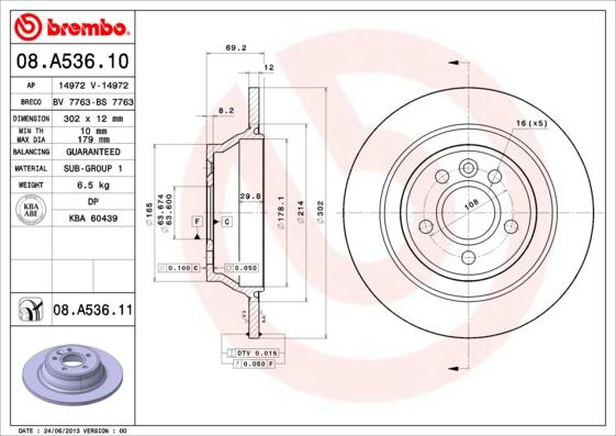 Brembo 08.A536.10 - Тормозной диск unicars.by