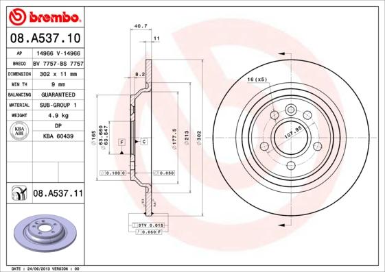 Brembo 08.A537.11 - Тормозной диск unicars.by