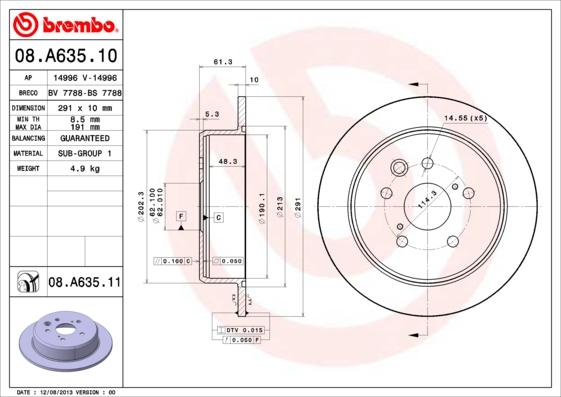 Brembo 08.A635.11 - Тормозной диск unicars.by