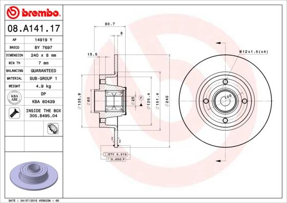 Brembo 08.A141.17 - Тормозной диск unicars.by