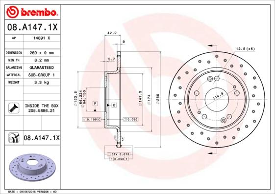 Brembo 08.A147.1X - Тормозной диск unicars.by