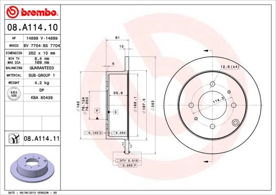 Brembo 08.A114.10 - Тормозной диск unicars.by