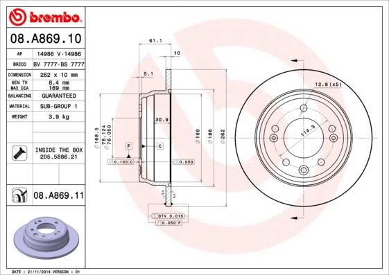 Brembo 08.A869.11 - Тормозной диск unicars.by