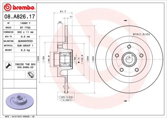 Brembo 08.A826.17 - Тормозной диск unicars.by