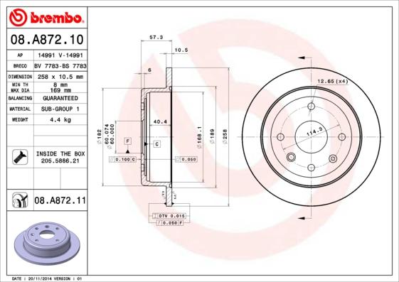 Brembo 08.A872.10 - Тормозной диск unicars.by