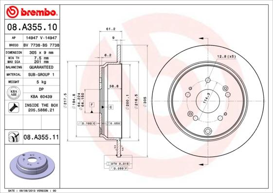 Brembo 08.A355.11 - Тормозной диск unicars.by