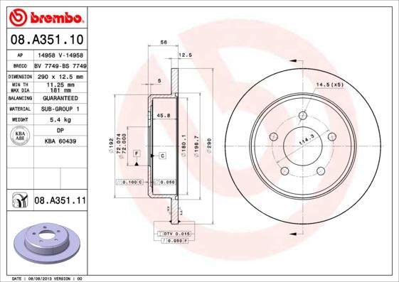 Brembo 08.A351.10 - Тормозной диск unicars.by