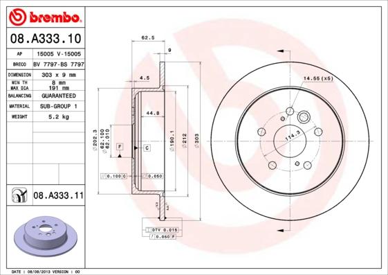 Brembo 08.A333.11 - Тормозной диск unicars.by